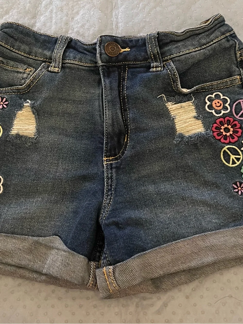 Girls Embroidered Floral Peace Denim Shorts - Blue